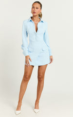 Wanda Mini Dress - Long Sleeve Faux Wrap Dress in Blue