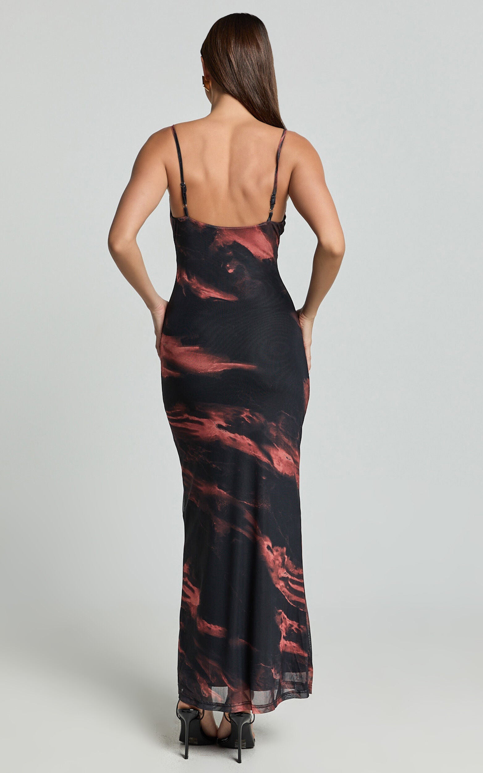 Rashida Midi Dress - V Neck Mesh Printed Dress in Dark Tie Dye