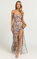 Talia Maxi Dress - Cowl Neck Low Back Dress in Abstract Zebra Print