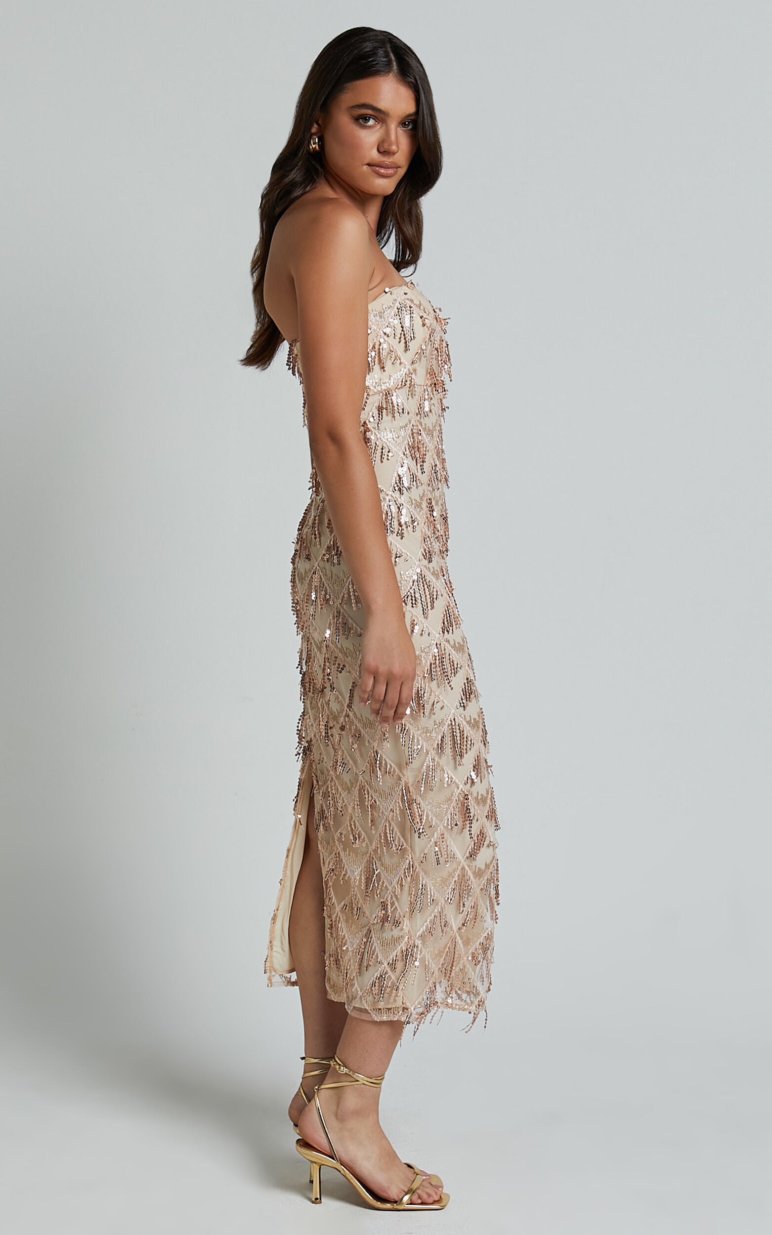 Variel Midi Dress - Strapless Fringe Sequin Dress in Champagne