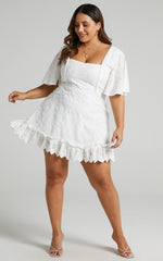 Fancy A Spritz Mini Dress - Square Neck Dress in White Embroidery