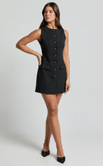 Yasmine Mini Dress - Button Down Boucle Dress in Black