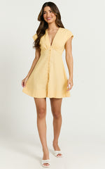 Tallulah Mini Dress - Linen V Neck A Line Dress in Lemon