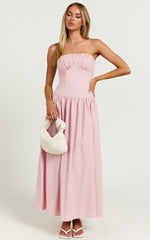 Jerah Midi Dress - Ruched Bust Full Skirt Dress in Pink