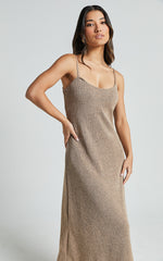 Jessie Midi Dress - Knitted Strappy Scoop Neck Slip Dress in Mushroom