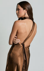 Ryan Maxi Dress - Tie Neck One Shoulder Dress in Chocolate