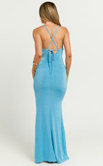 Porsha Maxi Dress - Cowl Neck Tie Back Dress in Blue