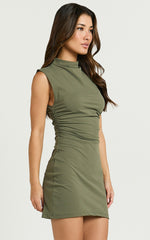 Carleigh Mini Dress - High Neck Ruched Bodycon Dress in Olive