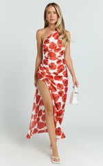 Maria Midi Dress - One Shoulder High Slip Leg in Red Floral