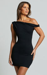 Clementine Mini Dress - Ribbed Off Shoulder Bodycon Dress in Black