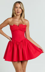 Brooke Mini Dress - Strapless Lace Trim Drop Waist Fit And Flare Dress in Red