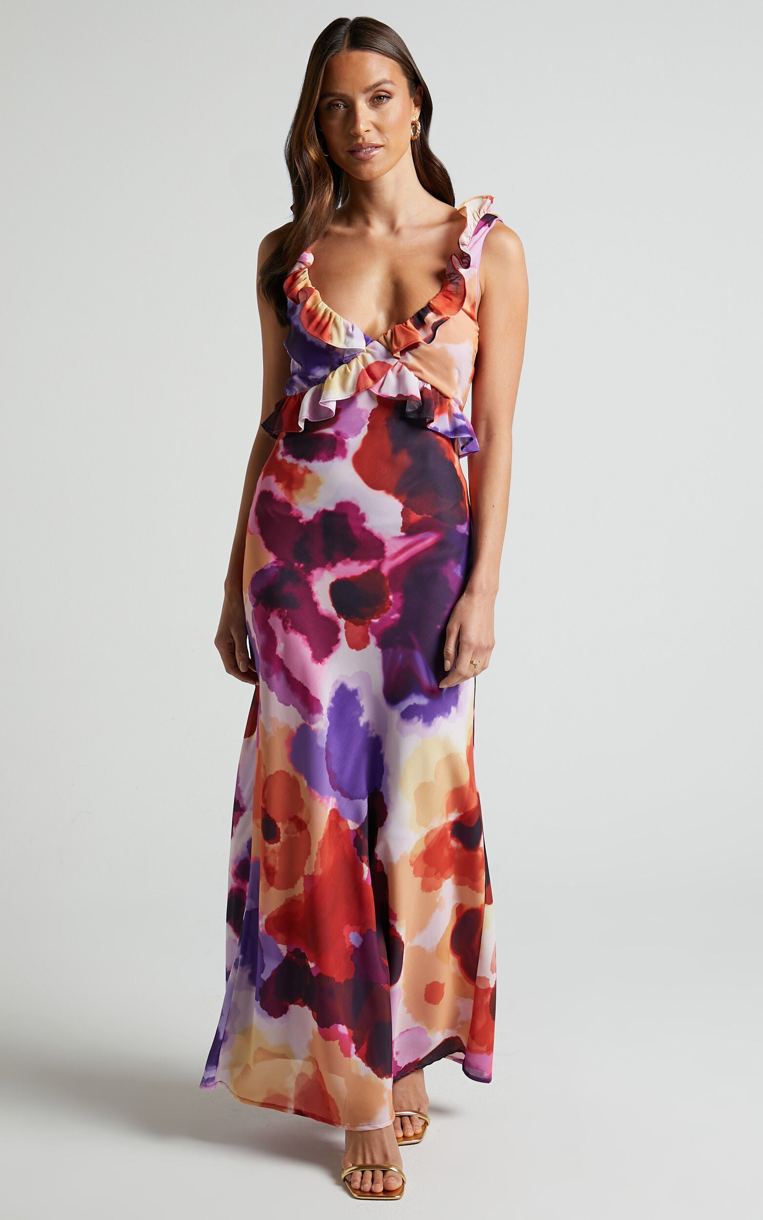 Charlie Midi Dress - V Neck Low Back Frill Detail Dress in Watercolour Floral