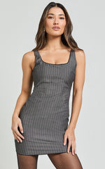 Tracey Mini Dress - Scoop Neck Bodycon Detailed Hem Dress in Charcoal Pinstripe
