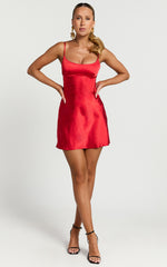 Mikaila Mini Dress - Cut Out Back Satin Slip Dress in Red