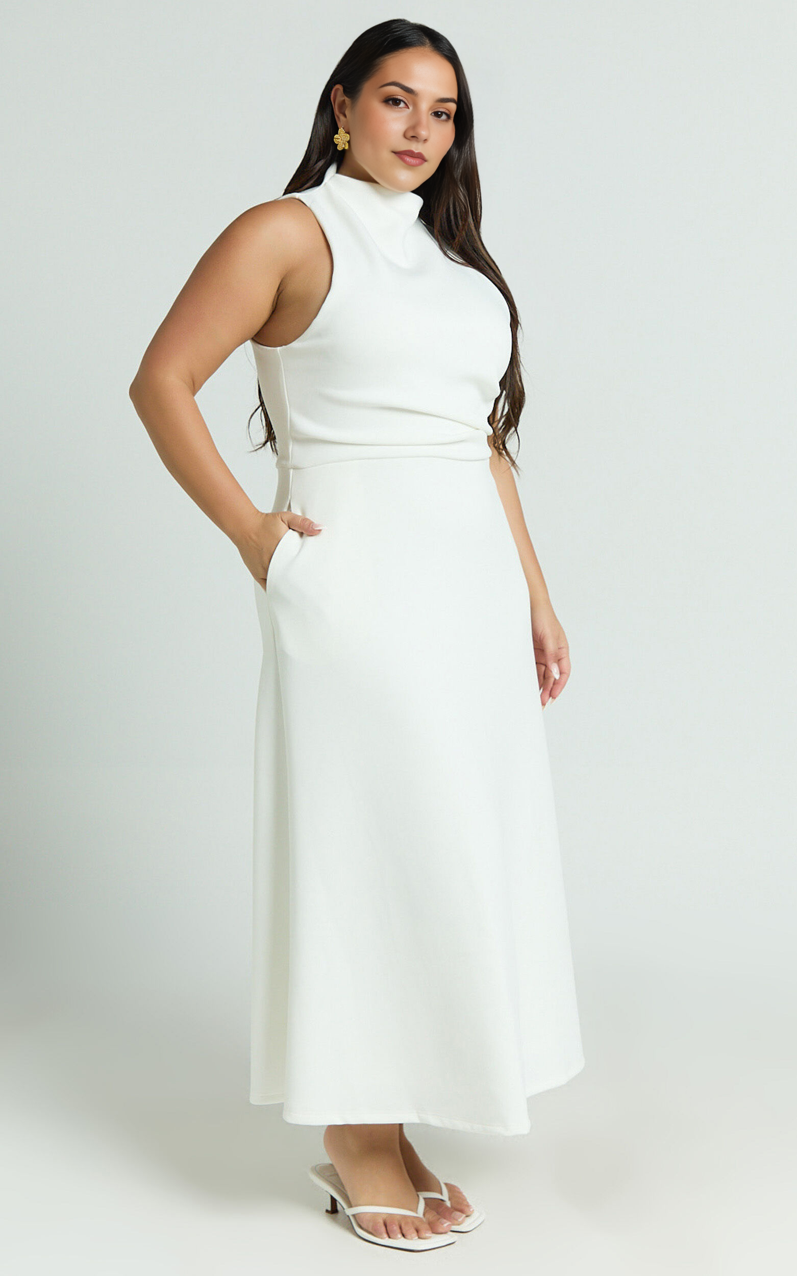 Macy Midi Dress – Sleeveless High-Neck A-Line Dress in Off White