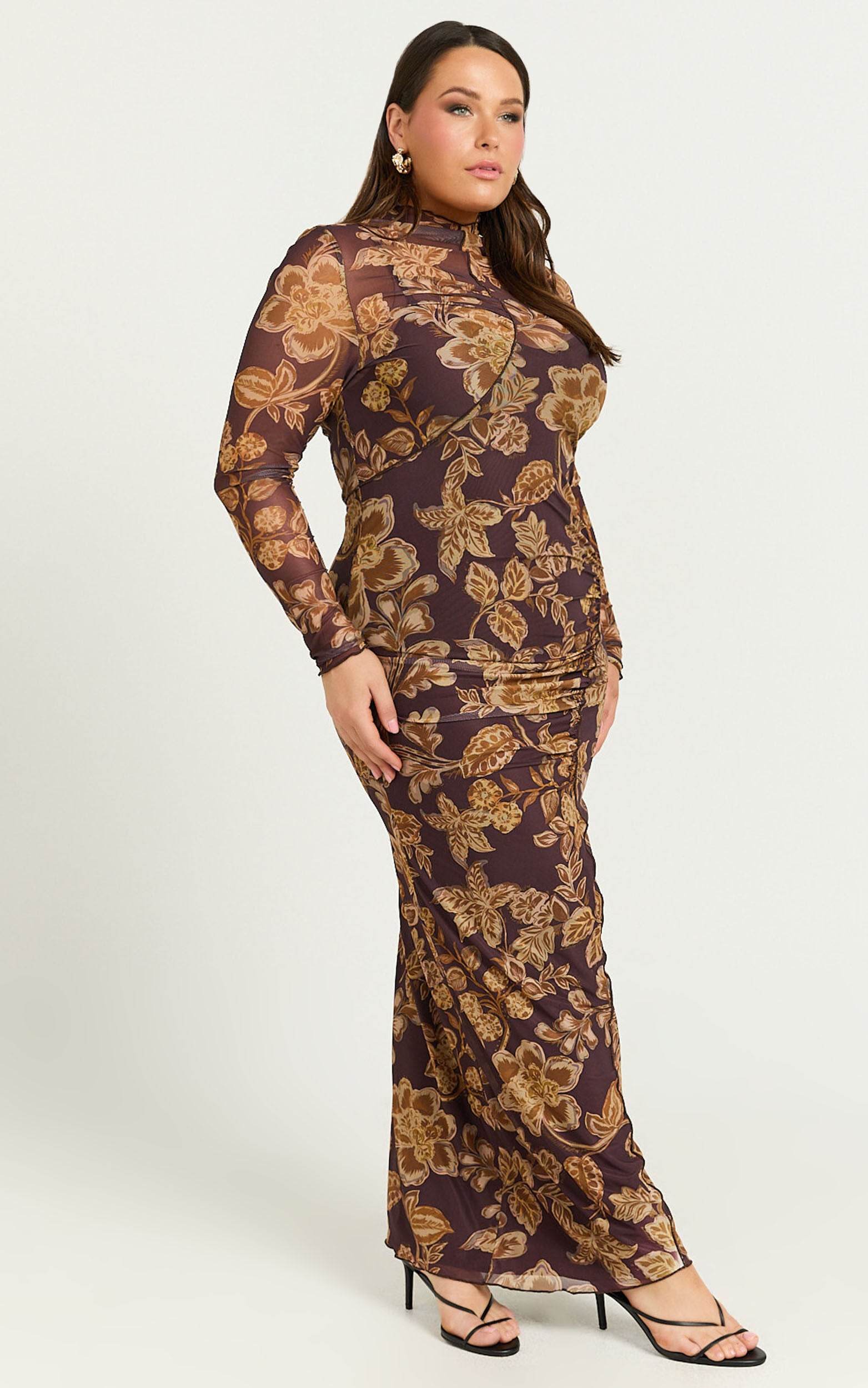 Vivian Midi Dress - High Neck Long Sleeve Mesh Dress in Amber Bloom Print
