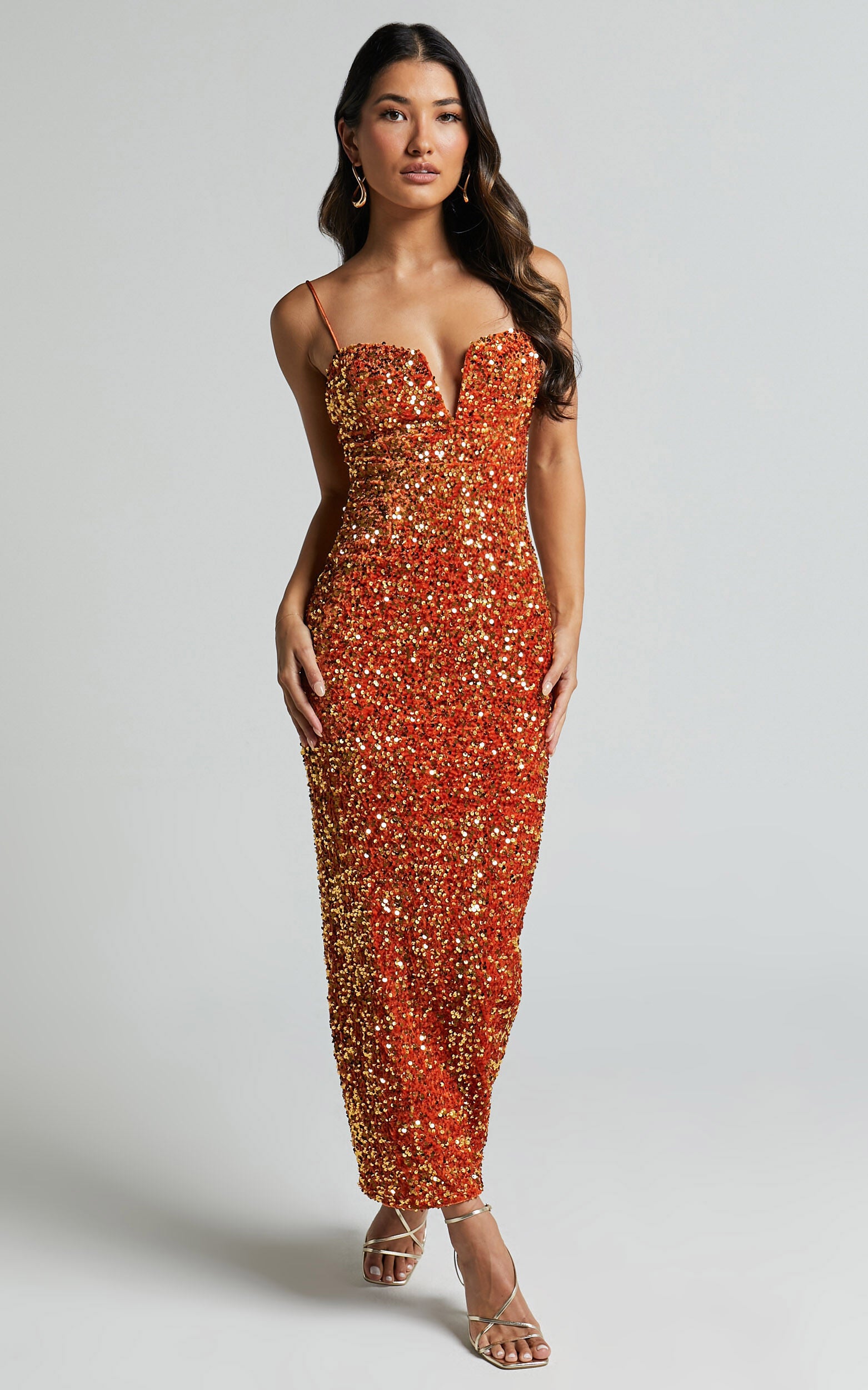 Rayner Midi Dress - V Bar Sequin Bodycon Dress in Copper