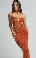 Rayner Midi Dress - V Bar Sequin Bodycon Dress in Copper