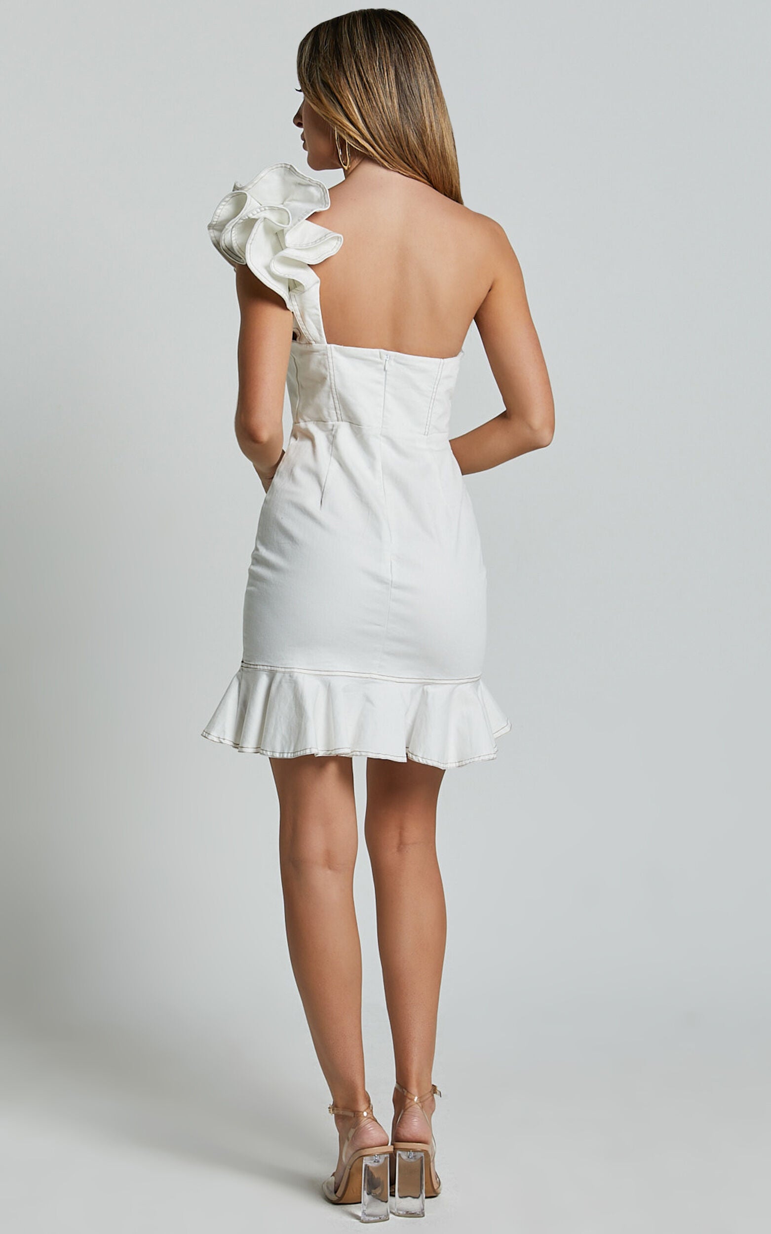Bethany Mini Dress - One Shoulder Ruffle Detail Dress in Cream