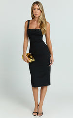 Tiffy Midi Dress - Square Neck Ruched Bodycon Dress in Black