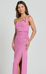 Finley Midi Linen Dress - Linen Feel One Shoulder Ruched Dress in Orchid