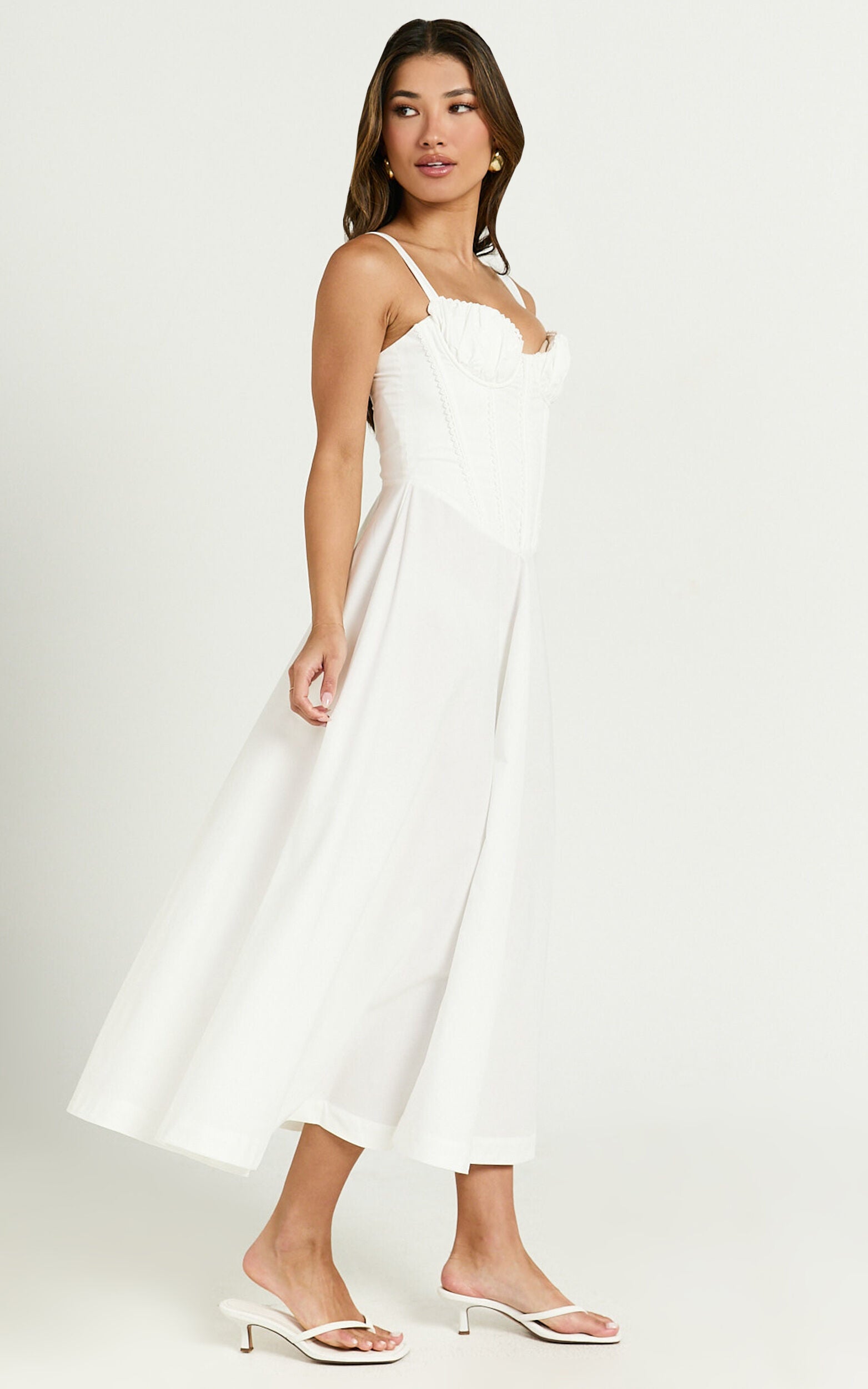 Jonas Midi Dress - Ruched Corset Lace Trim Dress in Ivory