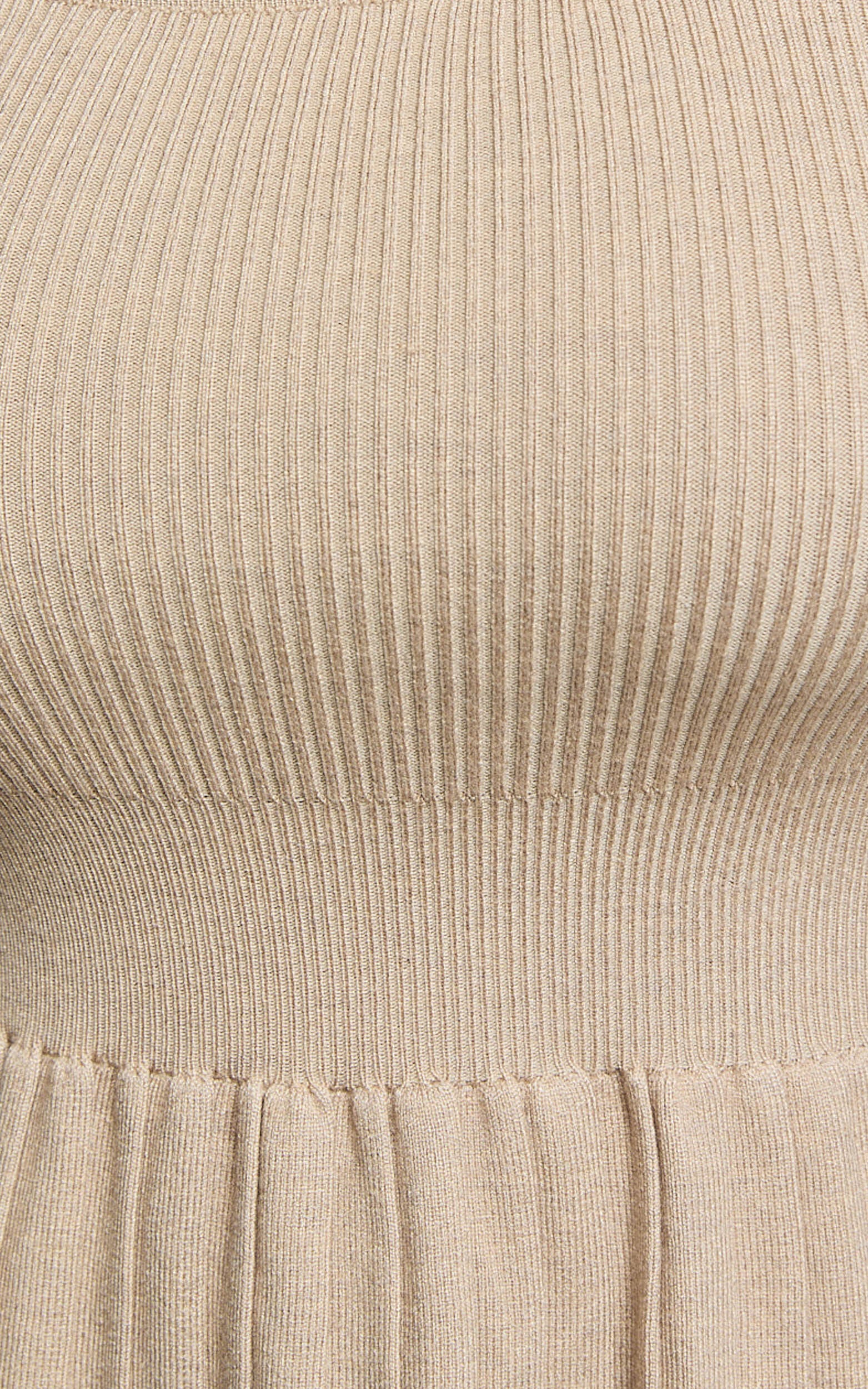 Andi Mini Dress - Long Sleeve A Line Pleated Knit Mini Dress in Beige
