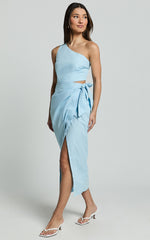 Rina Midi Dress - One Shoulder Side Cut Out Wrap Dress in Blue