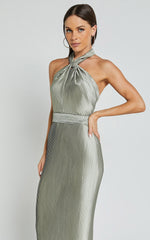 Marlette Midi Dress - Pleated Open Back Halter Dress in Sage