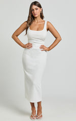 Sarina Midi Dress - Ribbed Scoop Neck Dress in White
