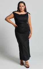 Cincinnati Midi Dress - Off The Shoulder Side Split Column Linen Dress in Black