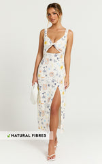 Nicola Midi Linen Dress - Strappy Front Twist Cut Out Column Dress in Soleil Print