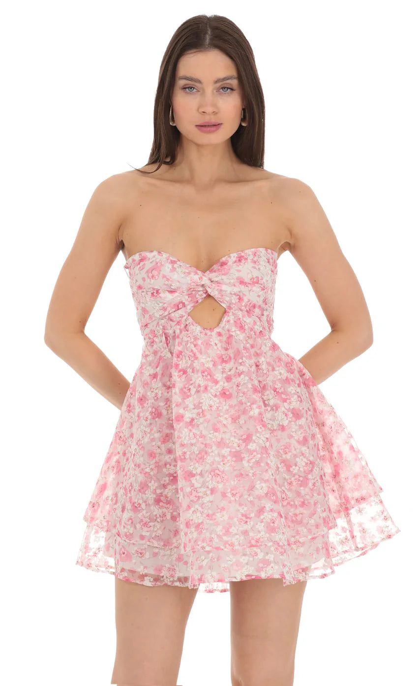 Floral Shimmer Cutout Babydoll Dress in Pink