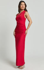 Lara Midi Dress - Asymmetrical Ruched Mesh Dress in Red