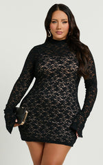 Dexter Mini Dress - Lace Frill Sleeve High Neck Dress in Black