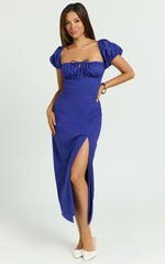 Robin Midi Linen Dress - Puff Sleeve High Split Dress in Navy