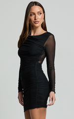 Zita Mini Dress - High Neck Long Sleeve Bodycon Mesh Dress in Black