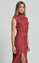 Elegant Linen Maxi Dress - High Neck Thigh Slit Slip Dress in Rust