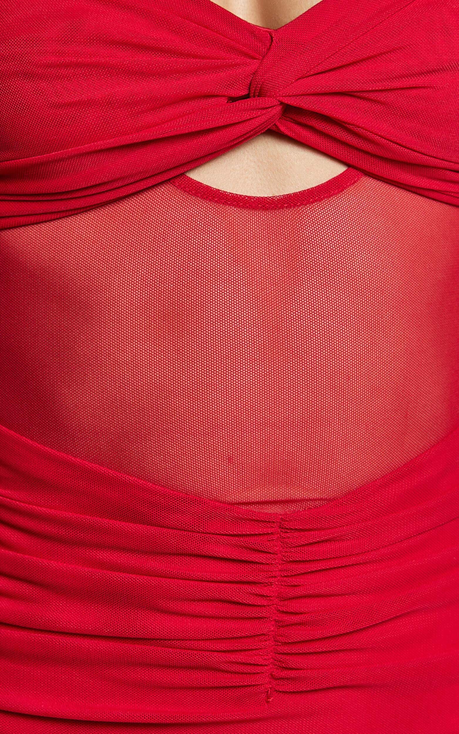 Adalee Midi Dress- Sheer Panel Ruched Bust Dress in Red