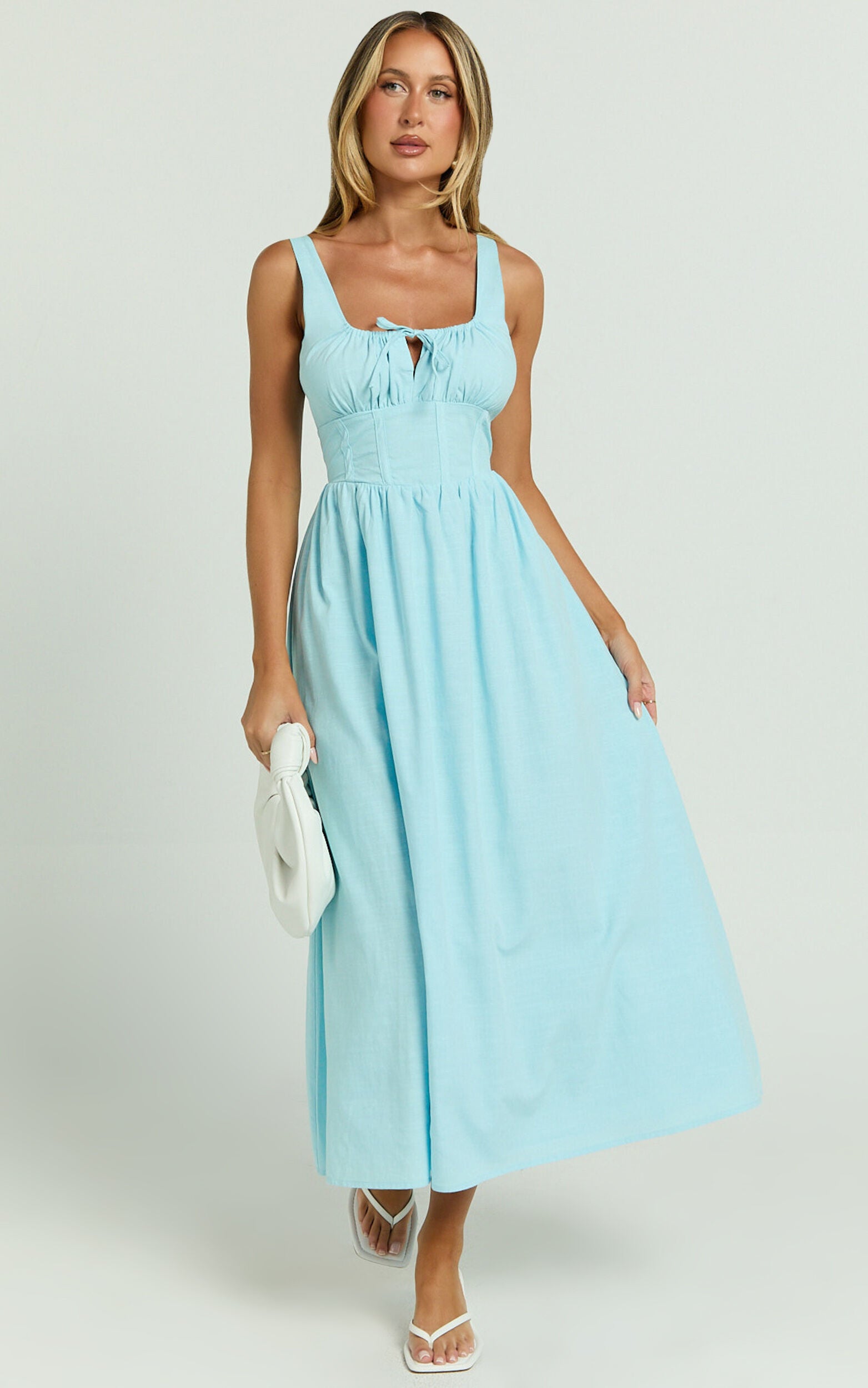 Haylee Midi Dress - Corset Waist Gathered Bust Dress in Blue