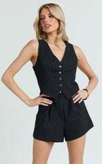 Angela Playsuit - V Neck Button Through Vest Playsuit in Black