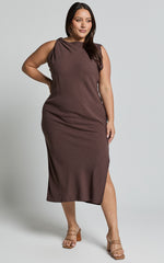 Jessenia Midi Dress - Linen High Neck Dress in Chocolate