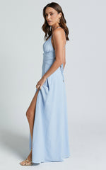 Esther Midi Dress - Plunge Backless Thigh Split Dress in Light Blue