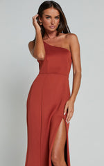 No Ones Fault Midi Dress - One Shoulder Thigh Split Dress in Rust