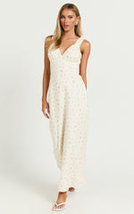 Mauriel Midi Dress - Deep V Gathered Bust Slip Dress in Lemon Floral