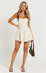 Tommy Mini Dress - Linen Ruched Bodice Laced Back Gathered Skirt Dress in Cream