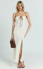 Gwen Midi Linen Dress - Strapped Ruched Bodice Bias Dress in Cream
