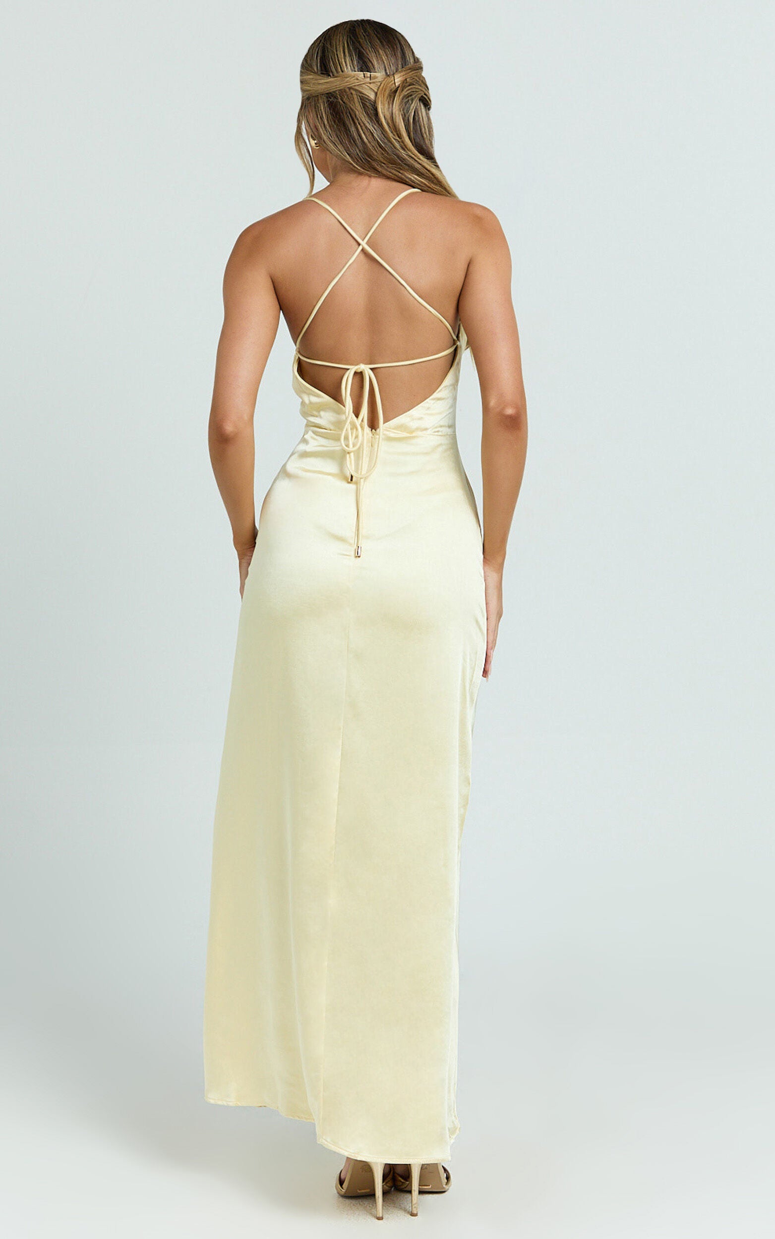 Heidi Maxi Dress - Satin Ruched Bust Tie Back Dress in Lemon