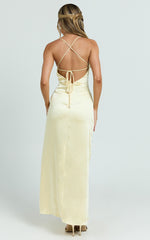 Heidi Maxi Dress - Satin Ruched Bust Tie Back Dress in Lemon