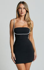 Sharley Mini Dress - Straight Neck Strappy Diamante Detail Bodycon in Black